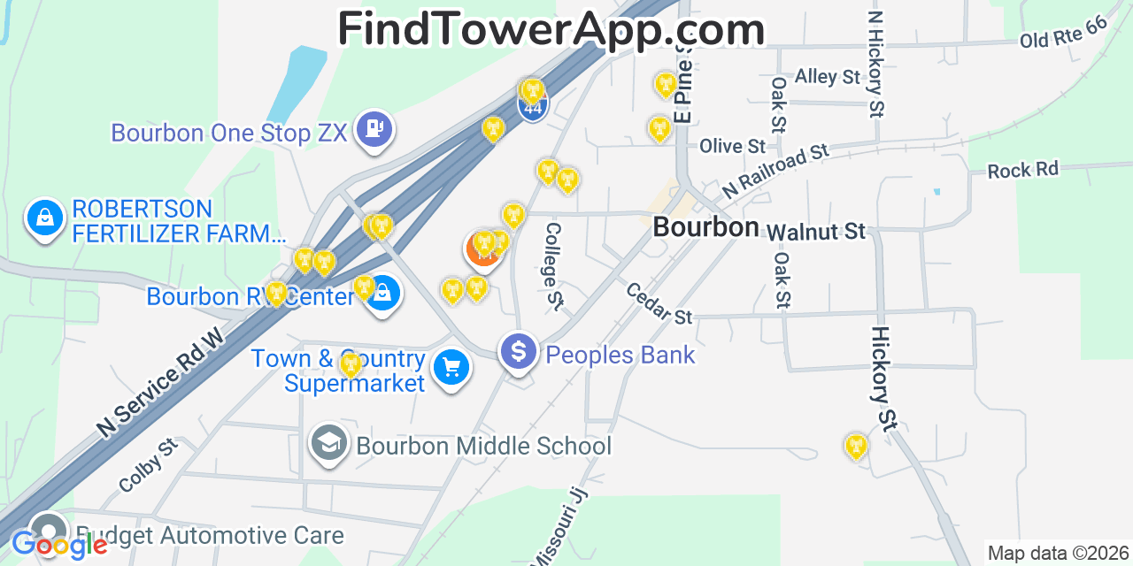 Map showing the 20 primary cell tower locations detected in Bourbon, Missouri from AT&T, Verizon, and T-Mobile networks