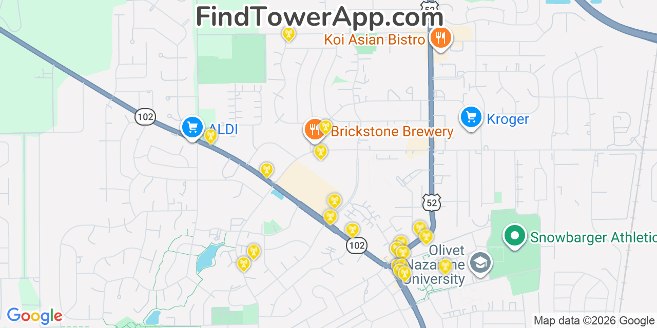 Map showing the 20 primary cell tower locations detected in Bourbonnais, Illinois from AT&T, Verizon, and T-Mobile networks