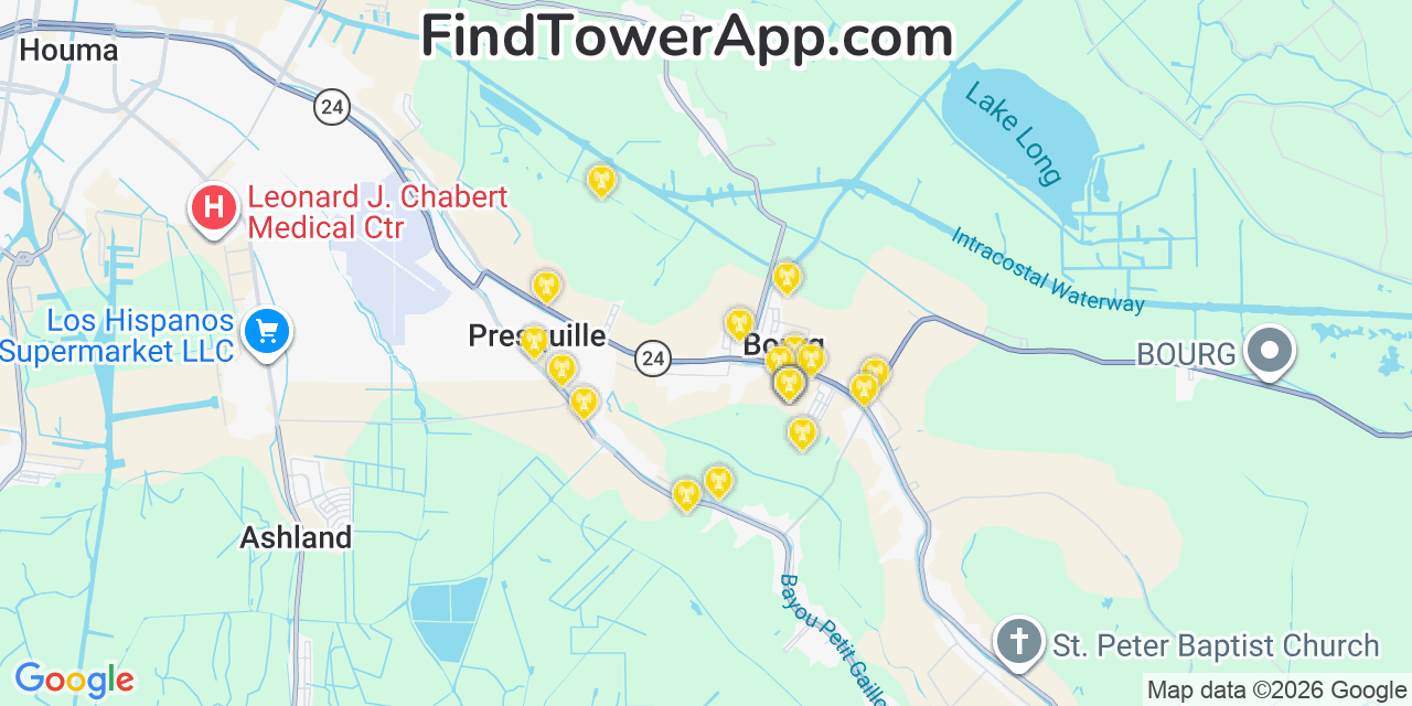 Map showing the 20 primary cell tower locations detected in Bourg, Louisiana from AT&T, Verizon, and T-Mobile networks