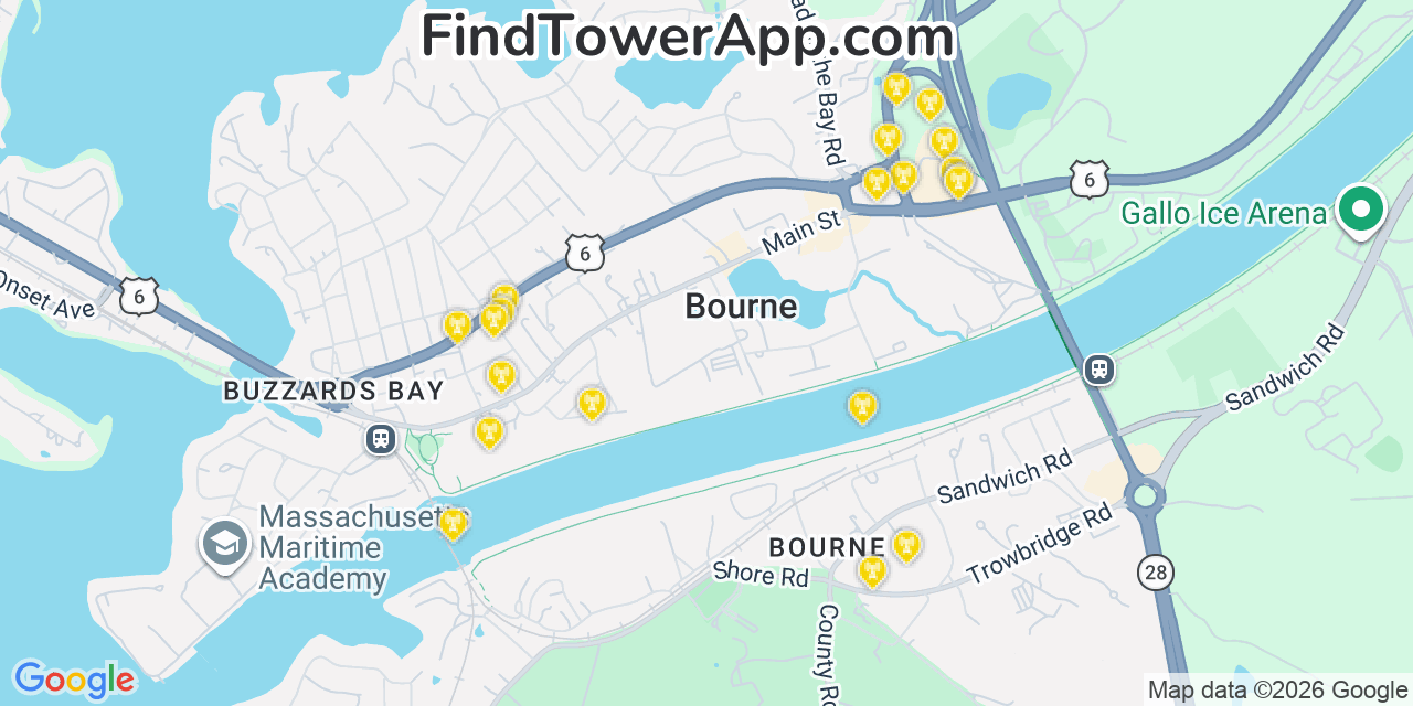Map showing the 20 primary cell tower locations detected in Bourne, Massachusetts from AT&T, Verizon, and T-Mobile networks