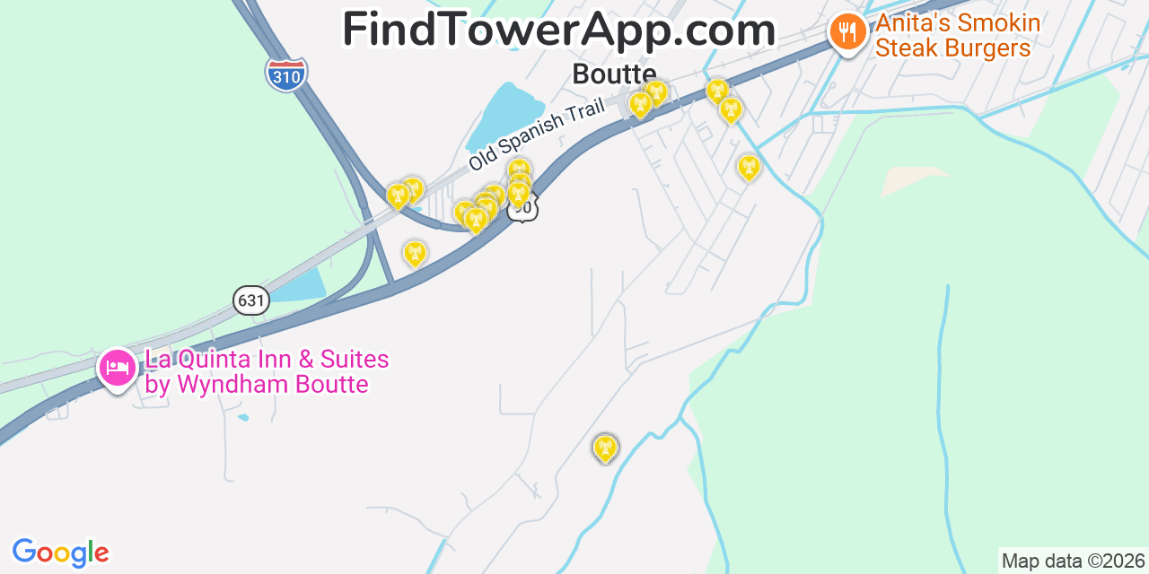 Map showing the 20 primary cell tower locations detected in Boutte, Louisiana from AT&T, Verizon, and T-Mobile networks