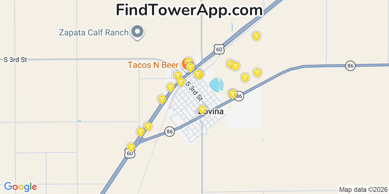 Map showing the 20 primary cell tower locations detected in Bovina, Texas from AT&T, Verizon, and T-Mobile networks