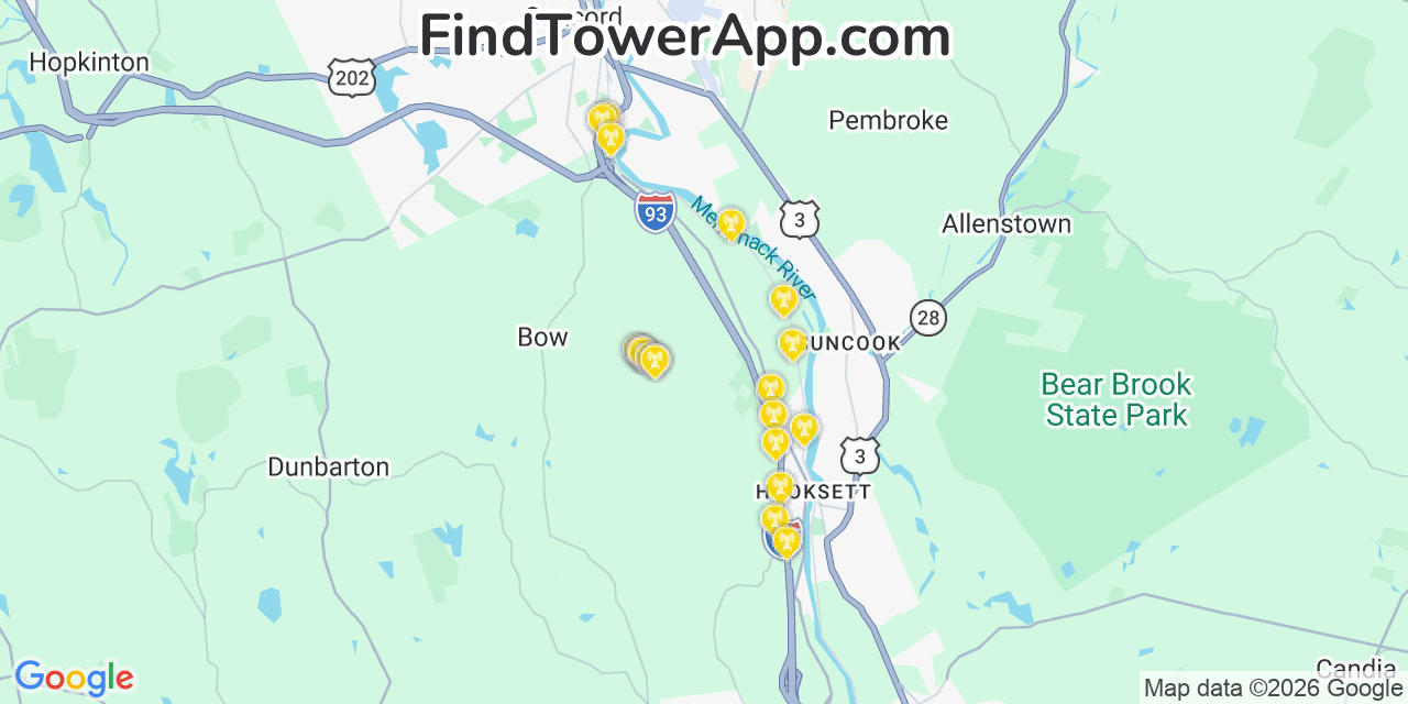 Map showing the 20 primary cell tower locations detected in Bow Bog, New Hampshire from AT&T, Verizon, and T-Mobile networks
