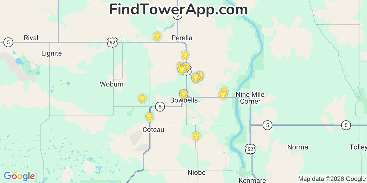 Map showing the 20 primary cell tower locations detected in Bowbells, North Dakota from AT&T, Verizon, and T-Mobile networks