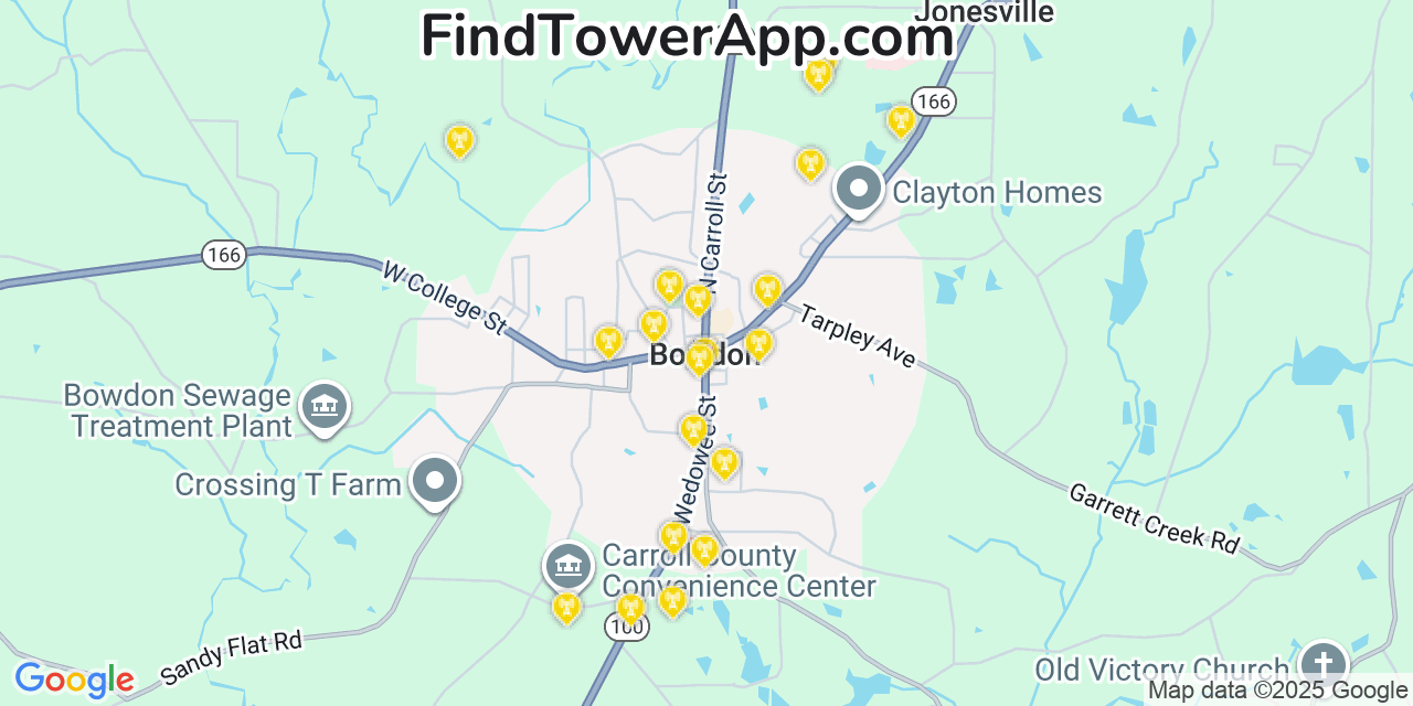 Map showing the 20 primary cell tower locations detected in Bowdon, Georgia from AT&T, Verizon, and T-Mobile networks
