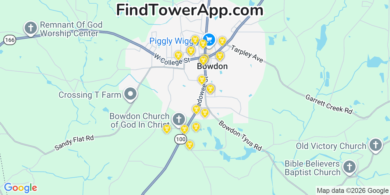Map showing the 20 primary cell tower locations detected in Bowdon, Georgia from AT&T, Verizon, and T-Mobile networks