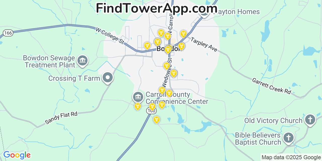 Map showing the 20 primary Mobitel cell tower locations detected in Bowdon, Georgia with coverage radius and signal strength indicators