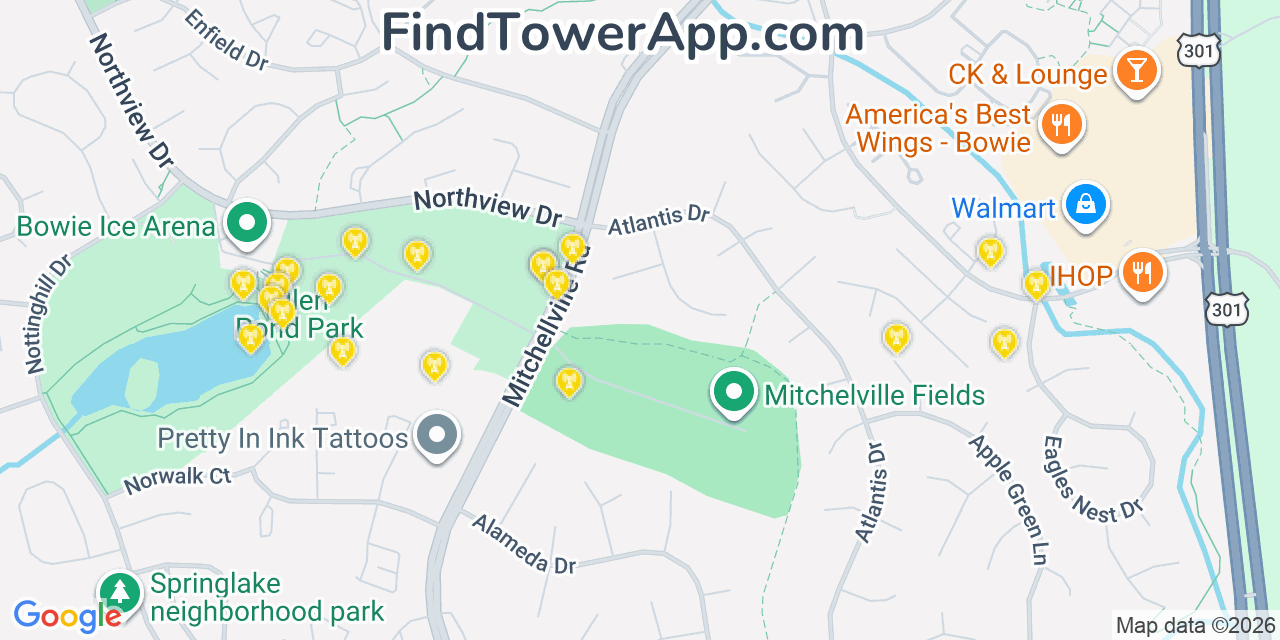 Map showing the 20 primary cell tower locations detected in Bowie, Maryland from AT&T, Verizon, and T-Mobile networks