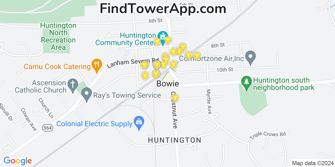 Verizon 4G/5G cell tower coverage map Bowie, Maryland