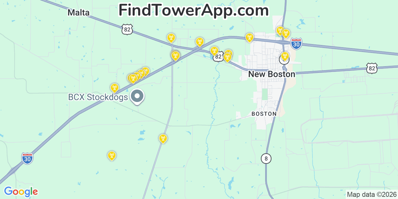 Map showing the 20 primary cell tower locations detected in Bowie, Texas from AT&T, Verizon, and T-Mobile networks