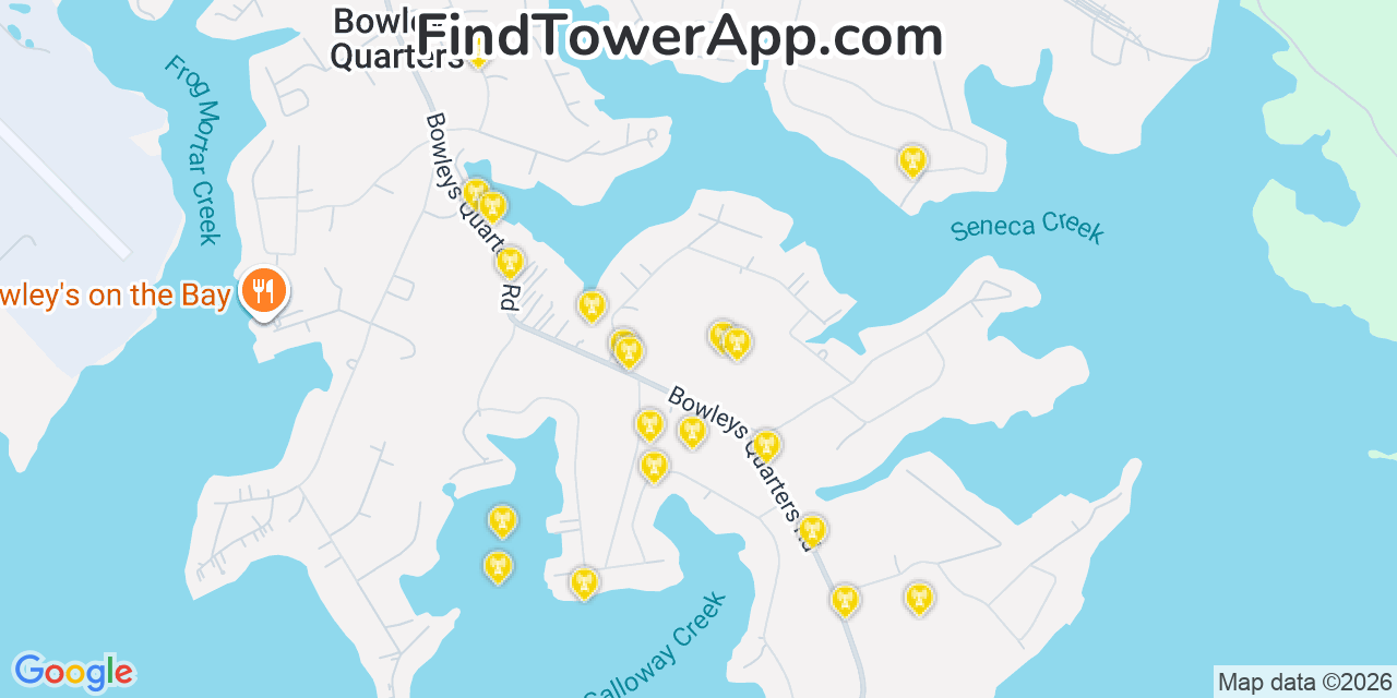 Map showing the 20 primary cell tower locations detected in Bowleys Quarters, Maryland from AT&T, Verizon, and T-Mobile networks