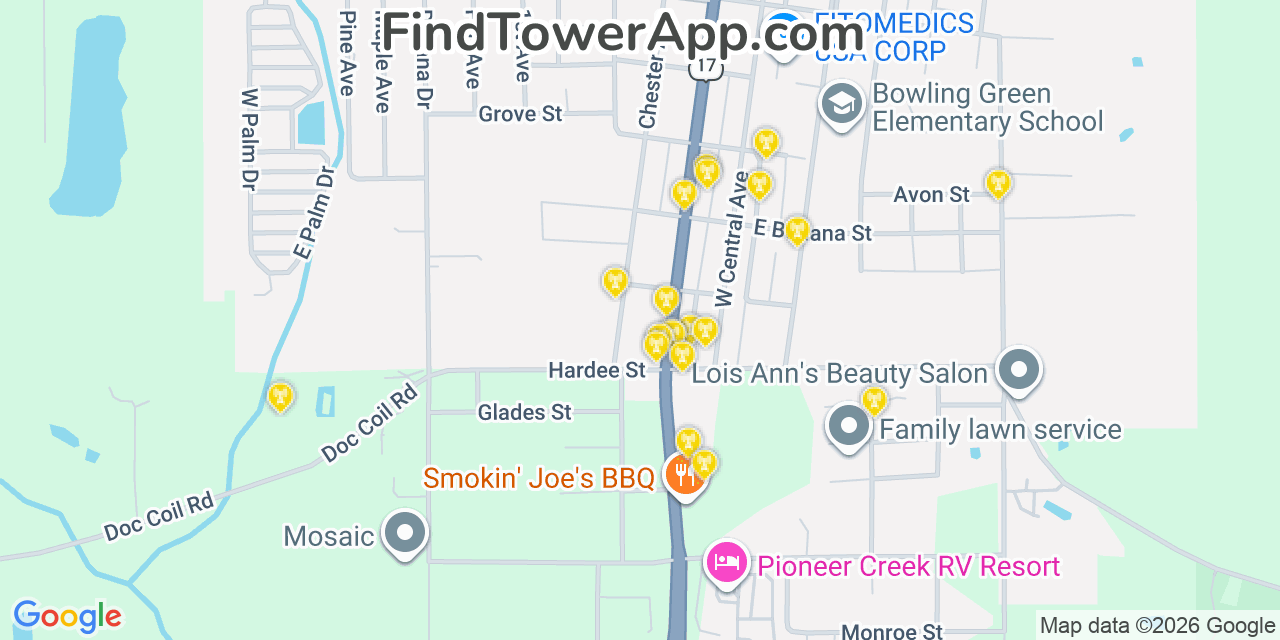 Map showing the 20 primary cell tower locations detected in Bowling Green, Florida from AT&T, Verizon, and T-Mobile networks