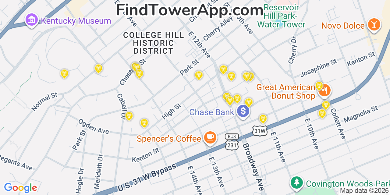 Map showing the 20 primary cell tower locations detected in Bowling Green, Kentucky from AT&T, Verizon, and T-Mobile networks