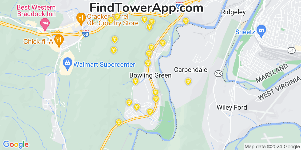 AT&T 4G/5G cell tower coverage map Bowling Green, Maryland