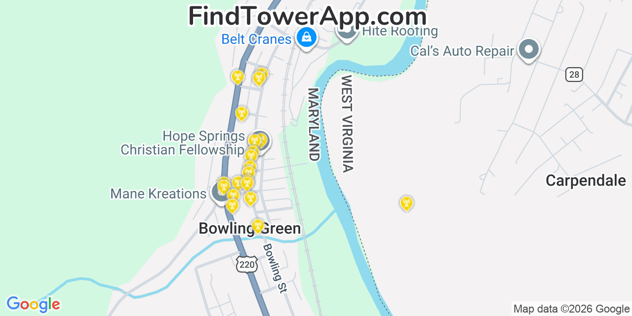 Map showing the 20 primary cell tower locations detected in Bowling Green, Maryland from AT&T, Verizon, and T-Mobile networks