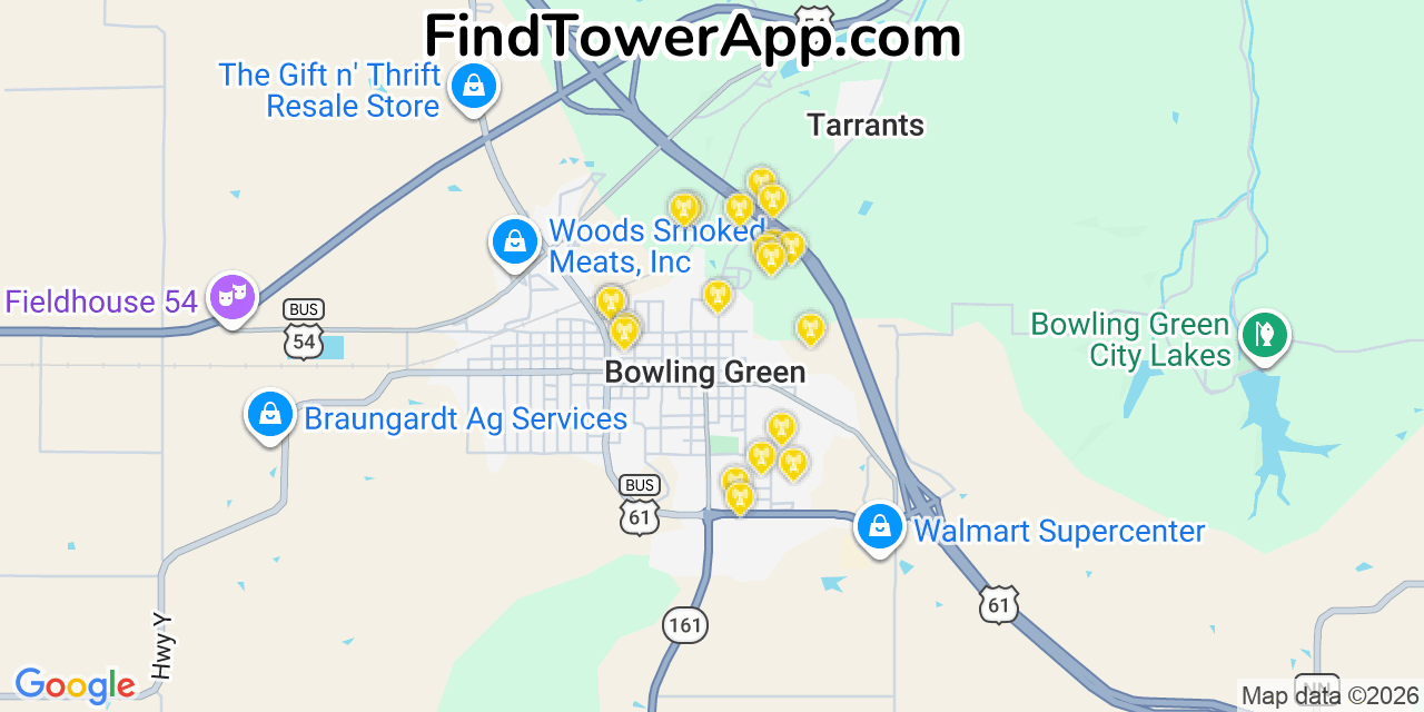 Map showing the 20 primary cell tower locations detected in Bowling Green, Missouri from AT&T, Verizon, and T-Mobile networks