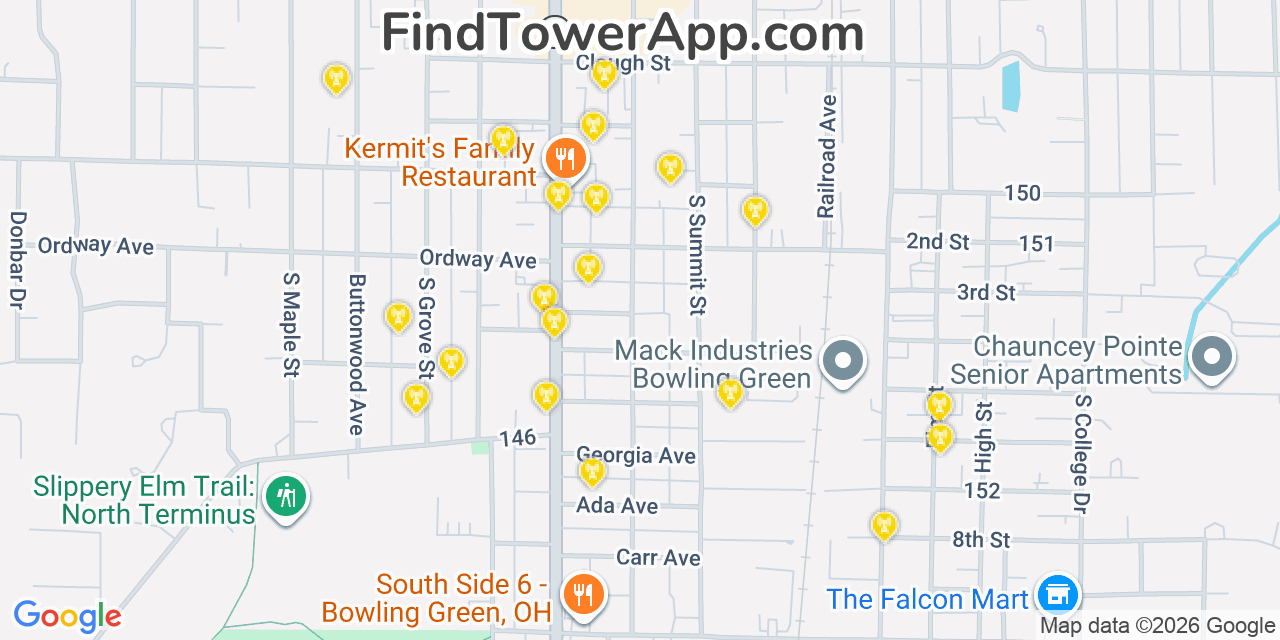 Map showing the 20 primary cell tower locations detected in Bowling Green, Ohio from AT&T, Verizon, and T-Mobile networks