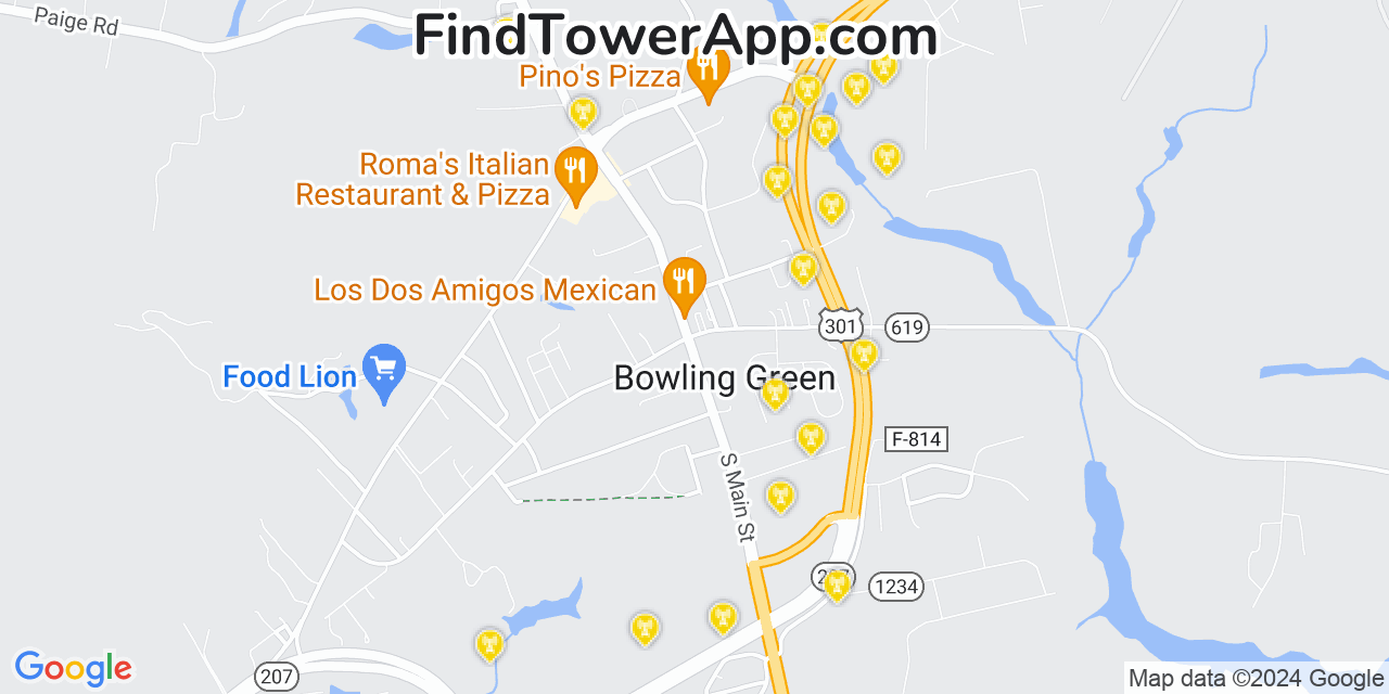 AT&T 4G/5G cell tower coverage map Bowling Green, Virginia