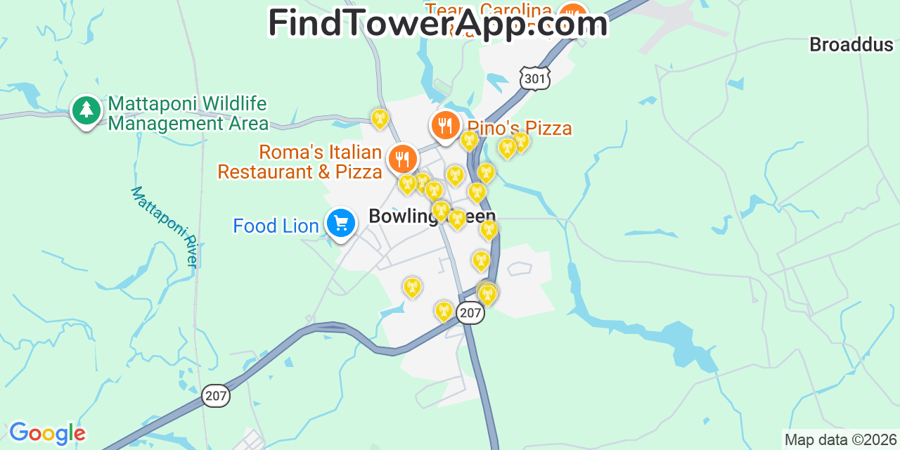 Map showing the 20 primary cell tower locations detected in Bowling Green, Virginia from AT&T, Verizon, and T-Mobile networks