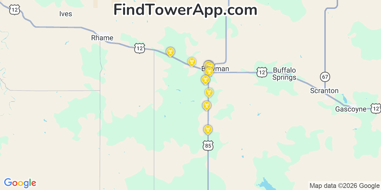 Map showing the 20 primary cell tower locations detected in Bowman, North Dakota from AT&T, Verizon, and T-Mobile networks