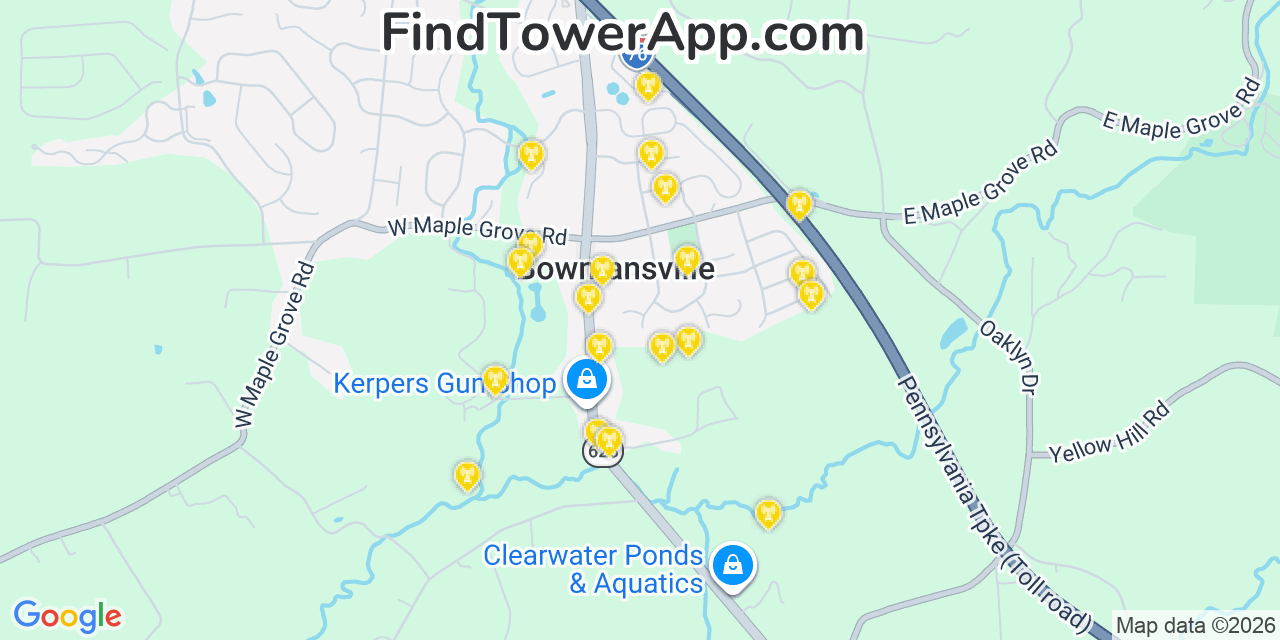 Map showing the 20 primary cell tower locations detected in Bowmansville, Pennsylvania from AT&T, Verizon, and T-Mobile networks