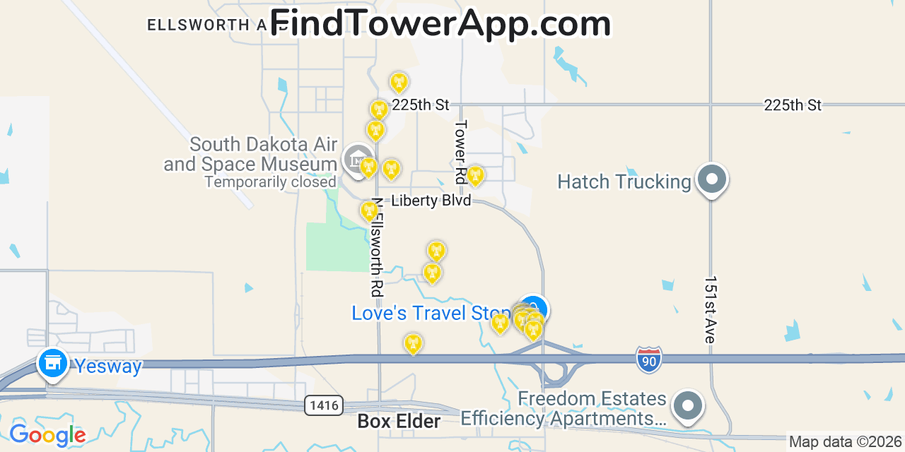 Map showing the 20 primary cell tower locations detected in Box Elder, South Dakota from AT&T, Verizon, and T-Mobile networks
