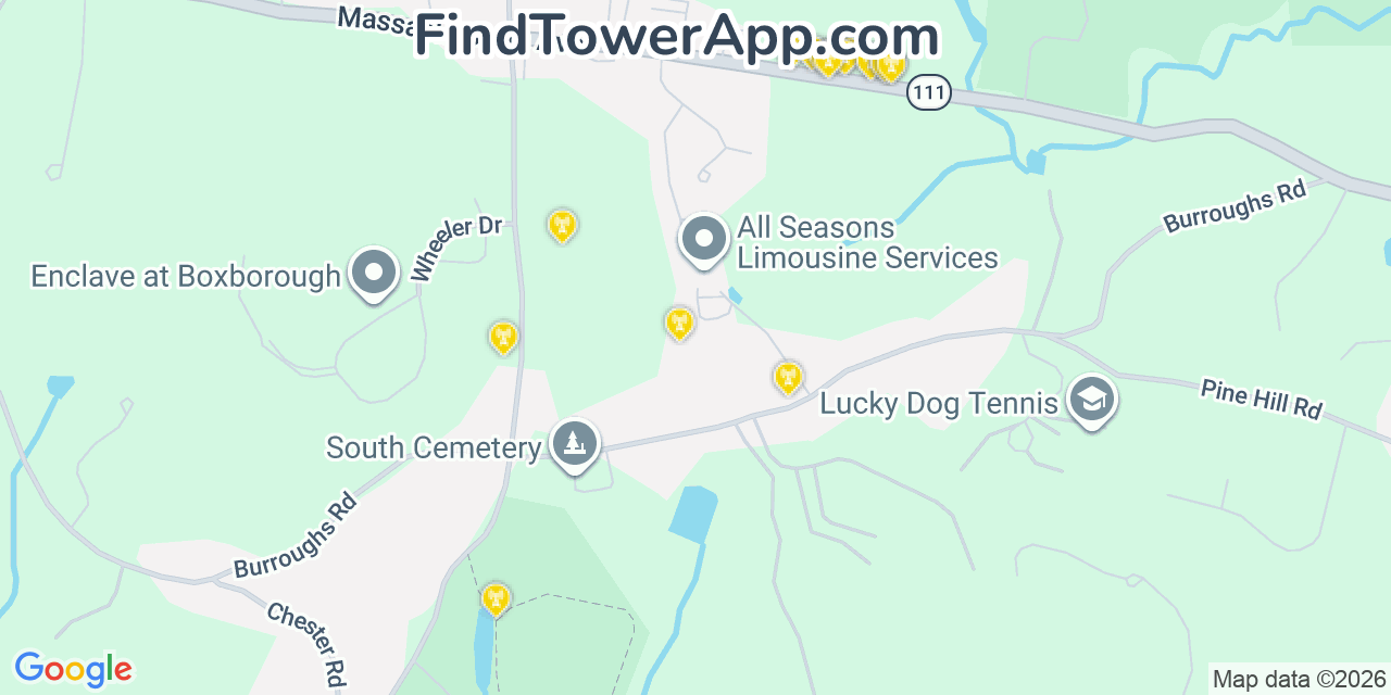 Map showing the 20 primary cell tower locations detected in Boxborough, Massachusetts from AT&T, Verizon, and T-Mobile networks