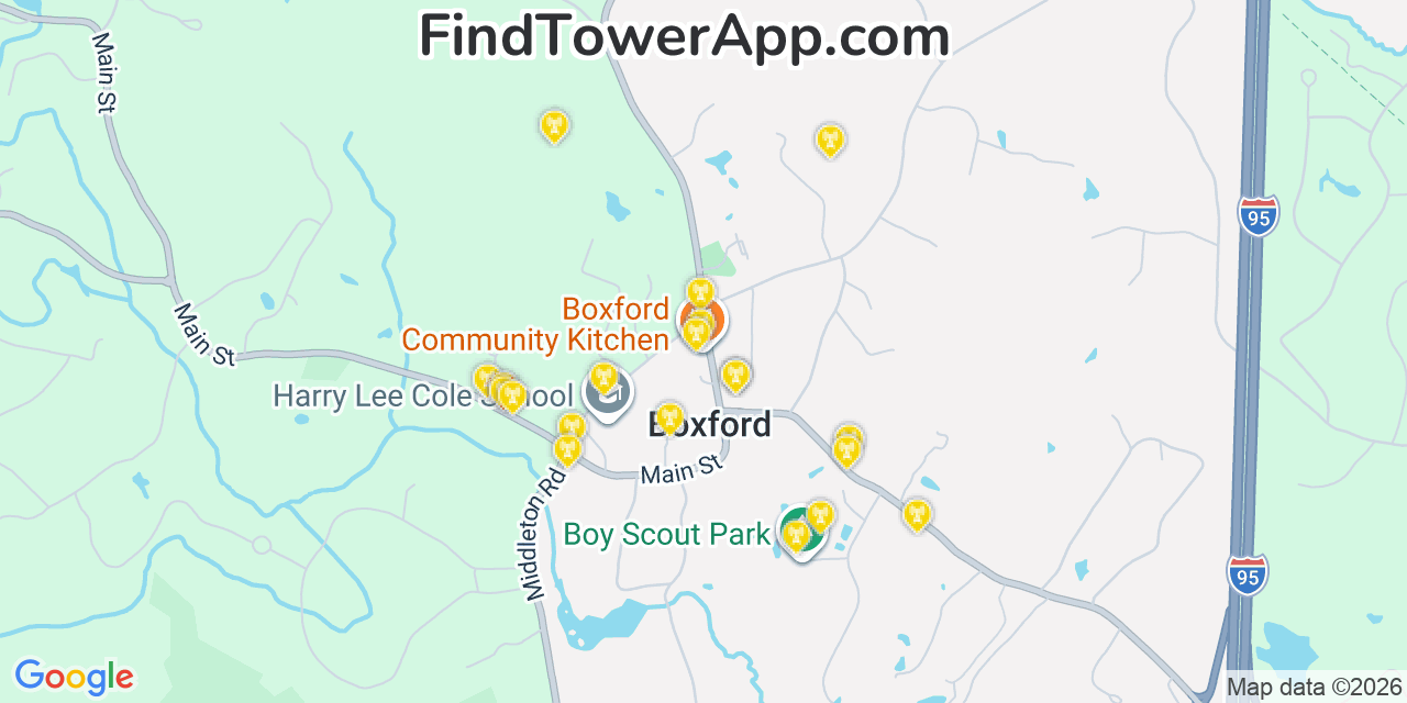 Map showing the 20 primary cell tower locations detected in Boxford, Massachusetts from AT&T, Verizon, and T-Mobile networks