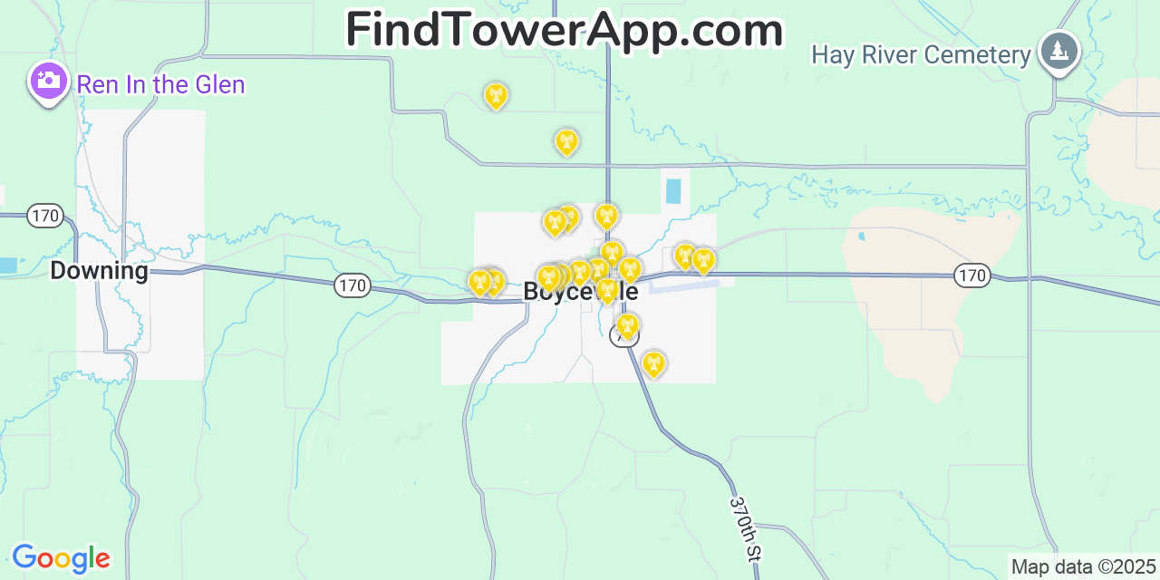 Map showing the 20 primary cell tower locations detected in Boyceville, Wisconsin from AT&T, Verizon, and T-Mobile networks