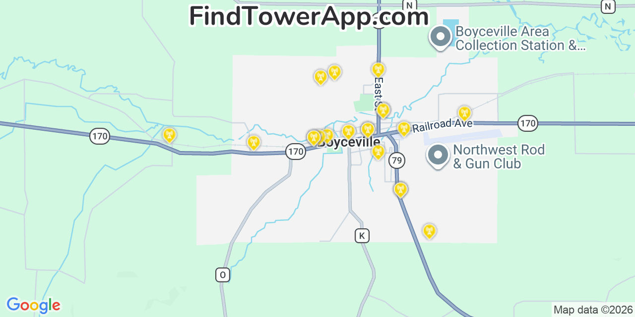 Map showing the 20 primary cell tower locations detected in Boyceville, Wisconsin from AT&T, Verizon, and T-Mobile networks