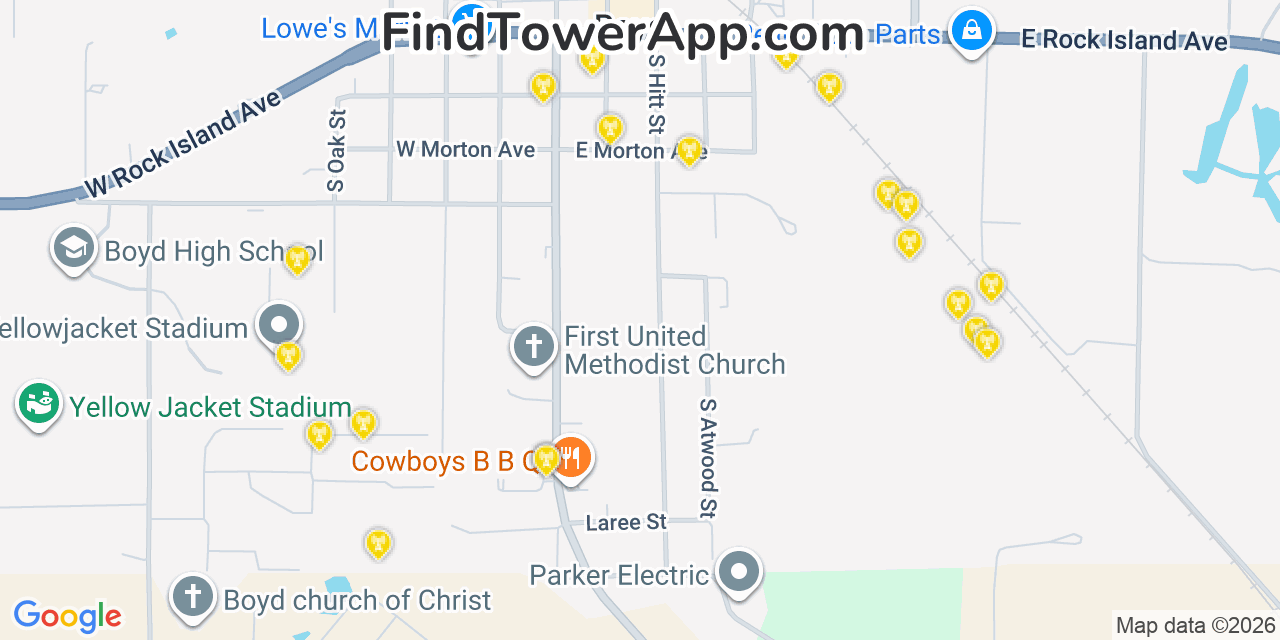 Map showing the 20 primary cell tower locations detected in Boyd, Texas from AT&T, Verizon, and T-Mobile networks