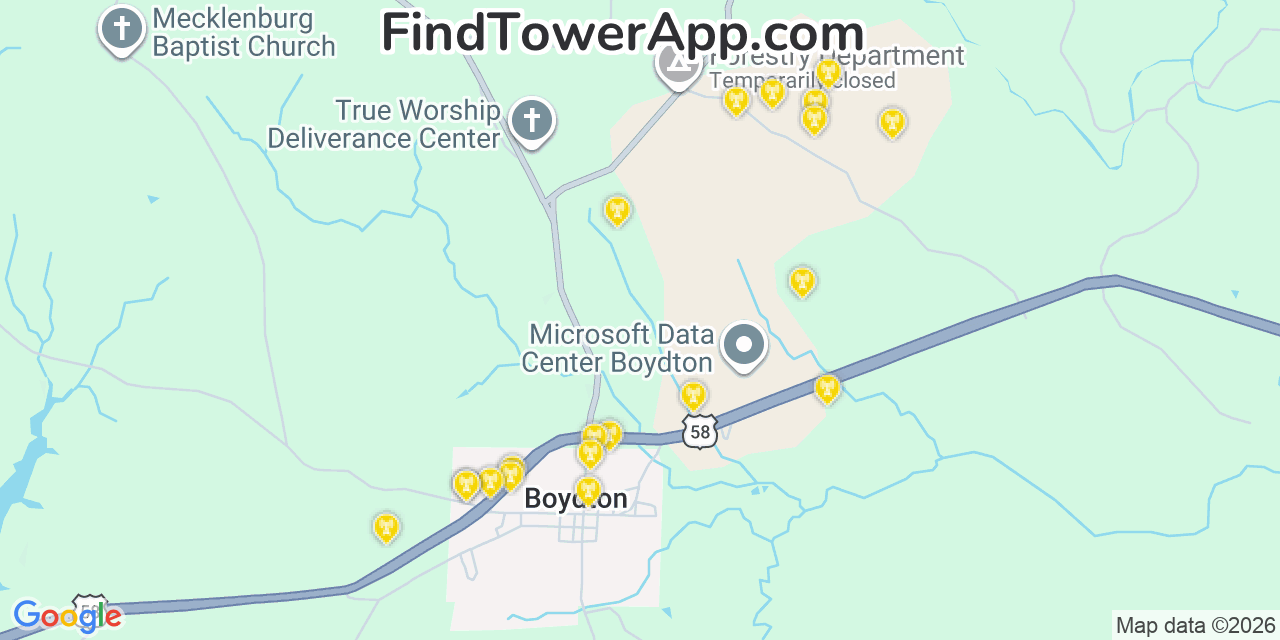 Map showing the 20 primary cell tower locations detected in Boydton, Virginia from AT&T, Verizon, and T-Mobile networks