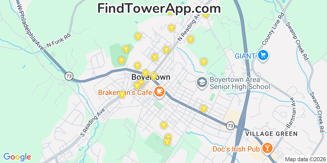 Map showing the 20 primary cell tower locations detected in Boyertown, Pennsylvania from AT&T, Verizon, and T-Mobile networks