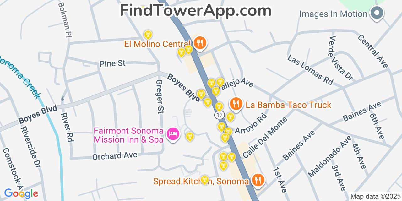 Map showing the 20 primary cell tower locations detected in Boyes Hot Springs, California from AT&T, Verizon, and T-Mobile networks