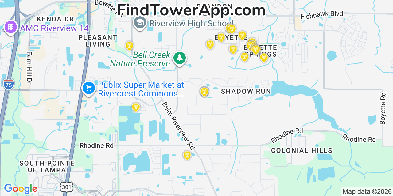 Map showing the 20 primary cell tower locations detected in Boyette, Florida from AT&T, Verizon, and T-Mobile networks