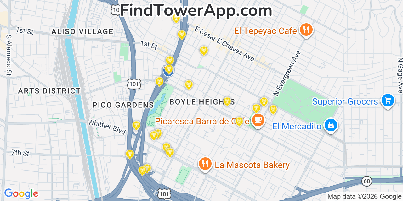 Map showing the 20 primary cell tower locations detected in Boyle Heights, California from AT&T, Verizon, and T-Mobile networks
