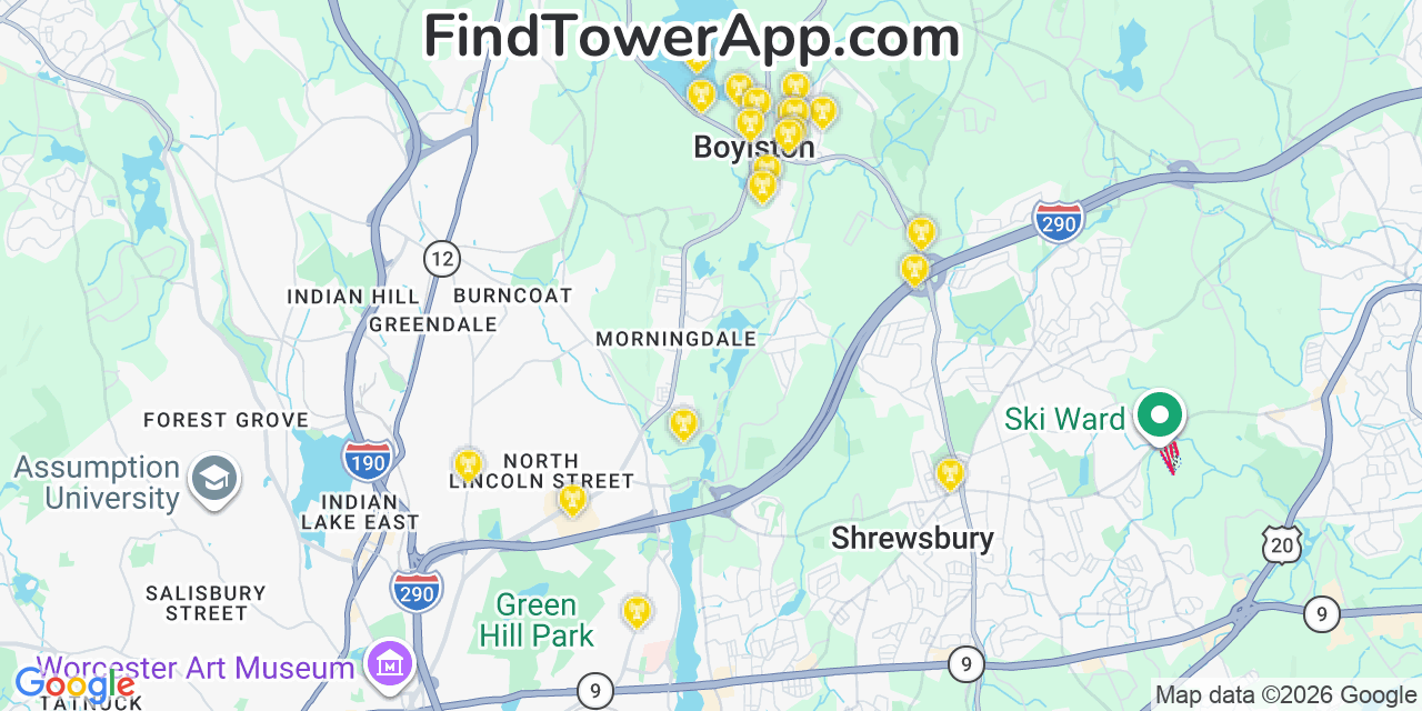 Map showing the 20 primary cell tower locations detected in Boylston, Massachusetts from AT&T, Verizon, and T-Mobile networks