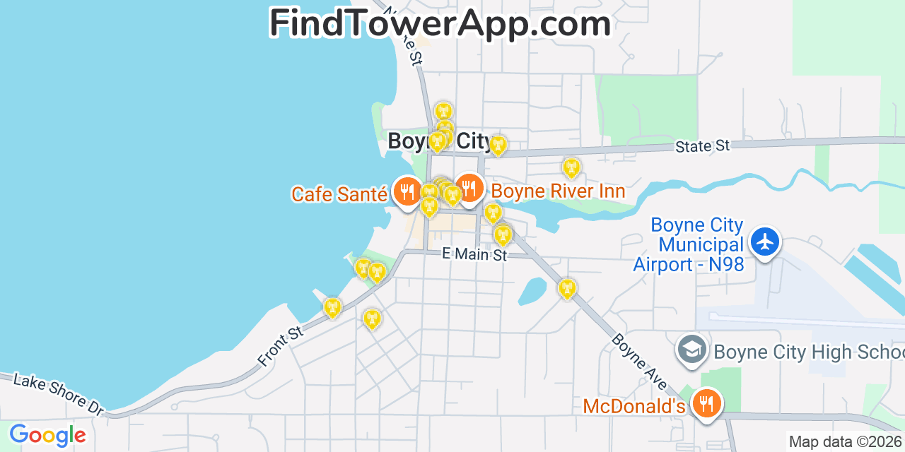 Map showing the 20 primary cell tower locations detected in Boyne City, Michigan from AT&T, Verizon, and T-Mobile networks