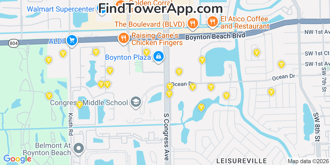 Map showing the 20 primary cell tower locations detected in Boynton Beach, Florida from AT&T, Verizon, and T-Mobile networks