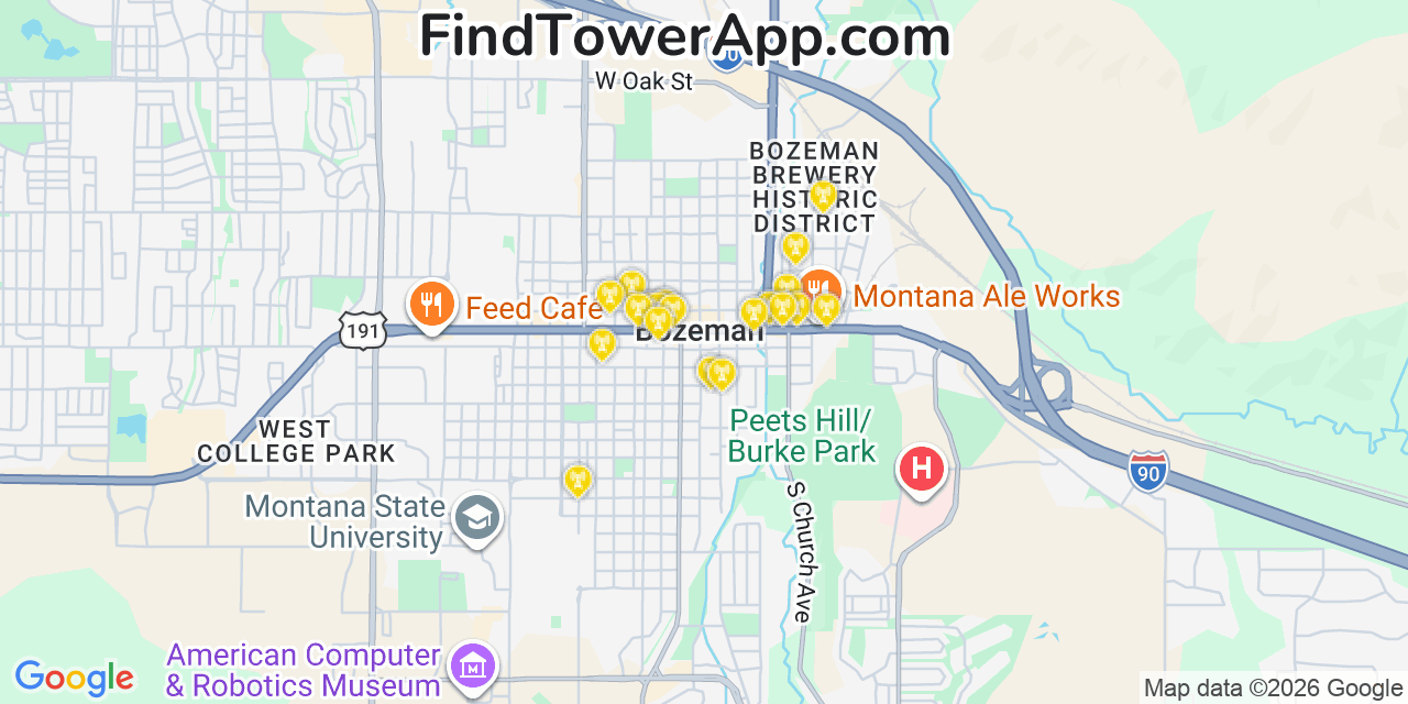 Map showing the 20 primary cell tower locations detected in Bozeman, Montana from AT&T, Verizon, and T-Mobile networks