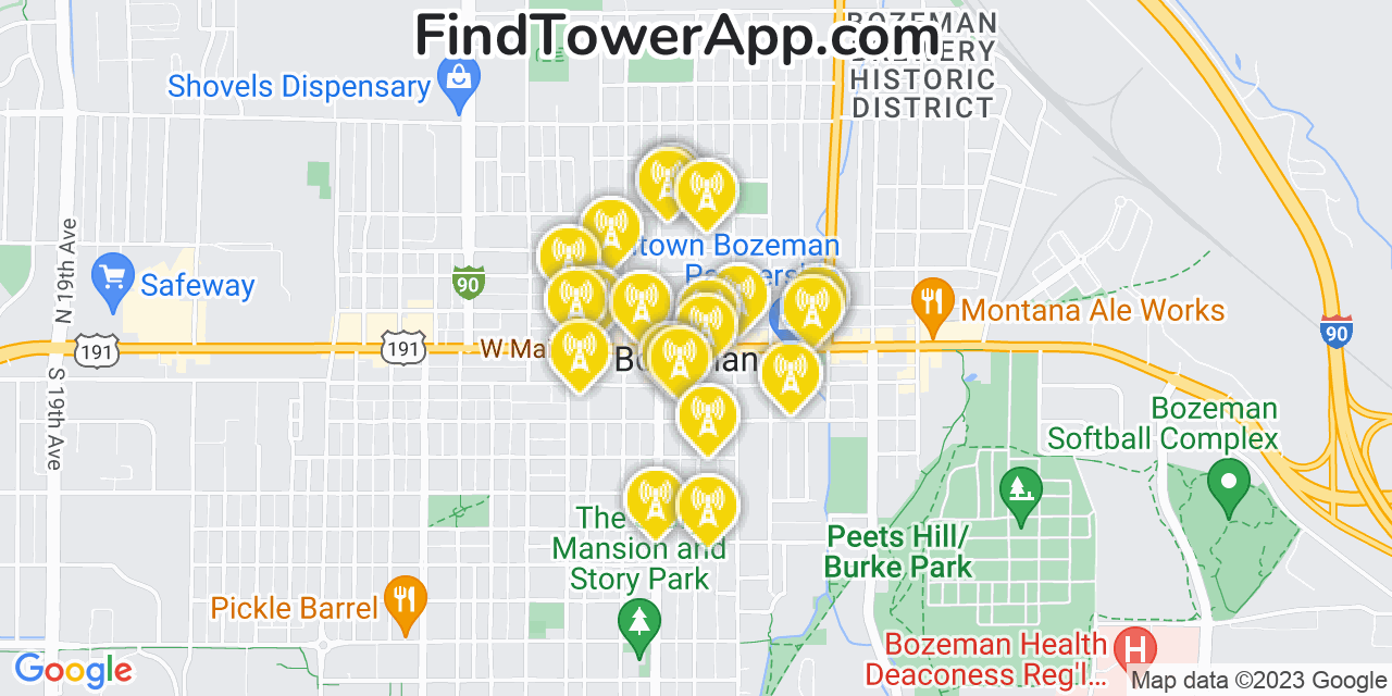 Verizon 4G/5G cell tower coverage map Bozeman, Montana