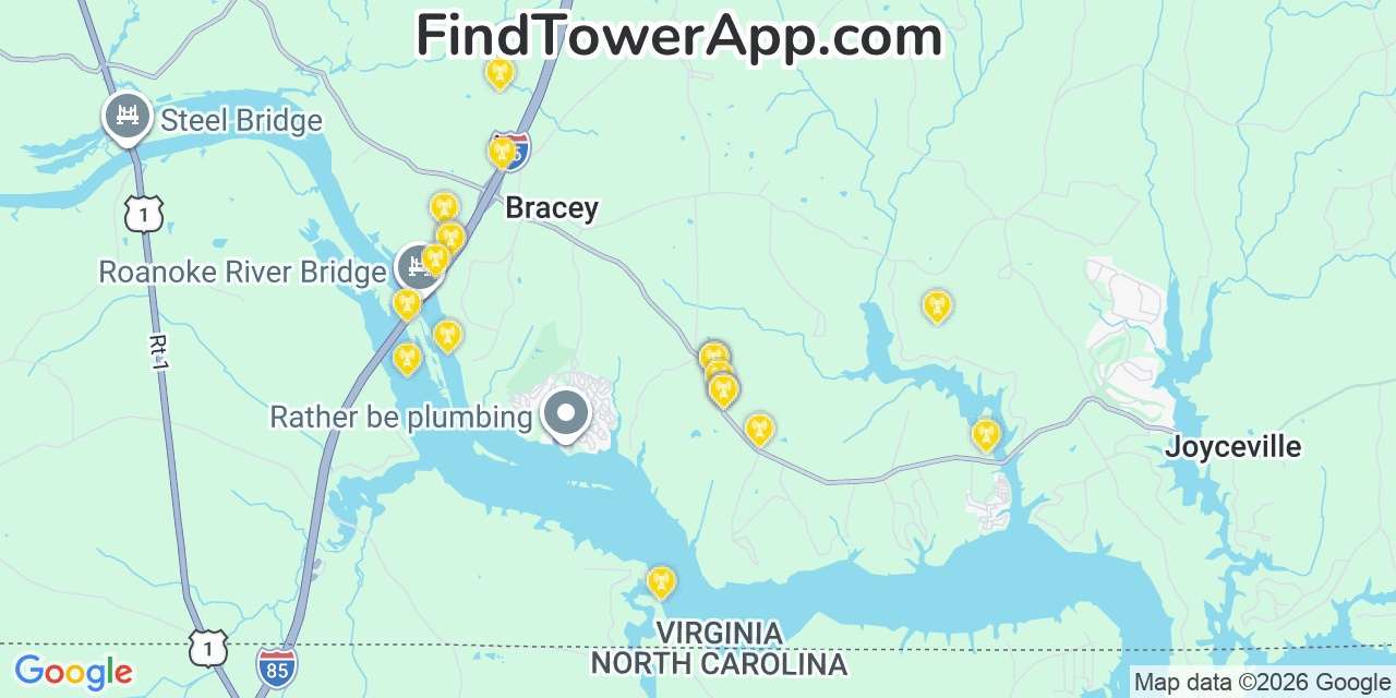 Map showing the 20 primary cell tower locations detected in Bracey, Virginia from AT&T, Verizon, and T-Mobile networks
