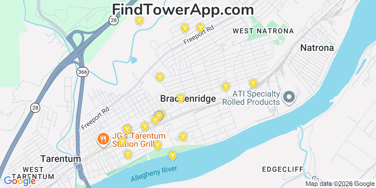 Map showing the 20 primary cell tower locations detected in Brackenridge, Pennsylvania from AT&T, Verizon, and T-Mobile networks