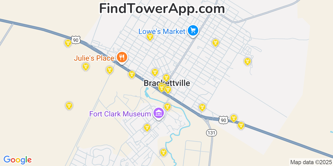 Map showing the 20 primary cell tower locations detected in Brackettville, Texas from AT&T, Verizon, and T-Mobile networks