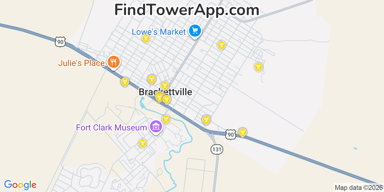 Map showing the 20 primary cell tower locations detected in Brackettville, Texas from AT&T, Verizon, and T-Mobile networks
