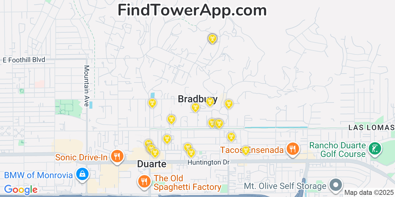 Map showing the 20 primary cell tower locations detected in Bradbury, California from AT&T, Verizon, and T-Mobile networks