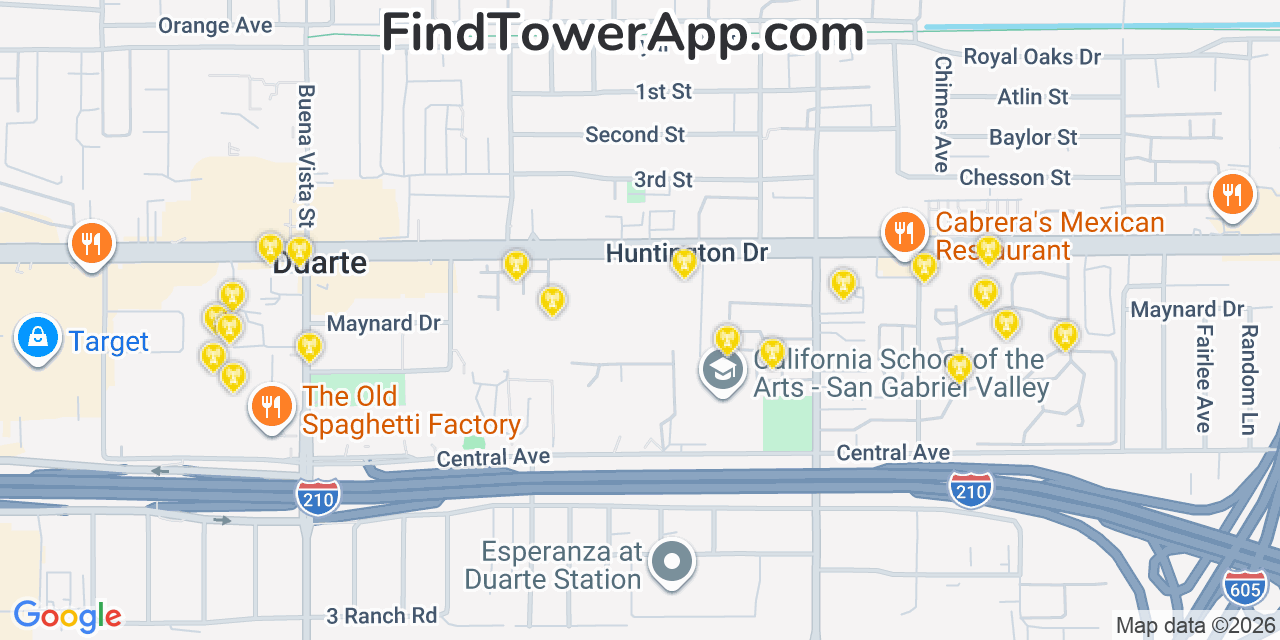 Map showing the 20 primary cell tower locations detected in Bradbury, California from AT&T, Verizon, and T-Mobile networks
