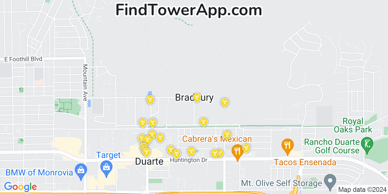 Verizon 4G/5G cell tower coverage map Bradbury, California