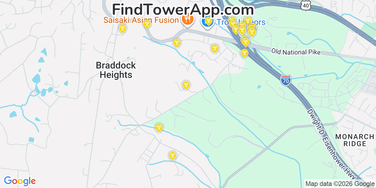 Map showing the 20 primary cell tower locations detected in Braddock Heights, Maryland from AT&T, Verizon, and T-Mobile networks