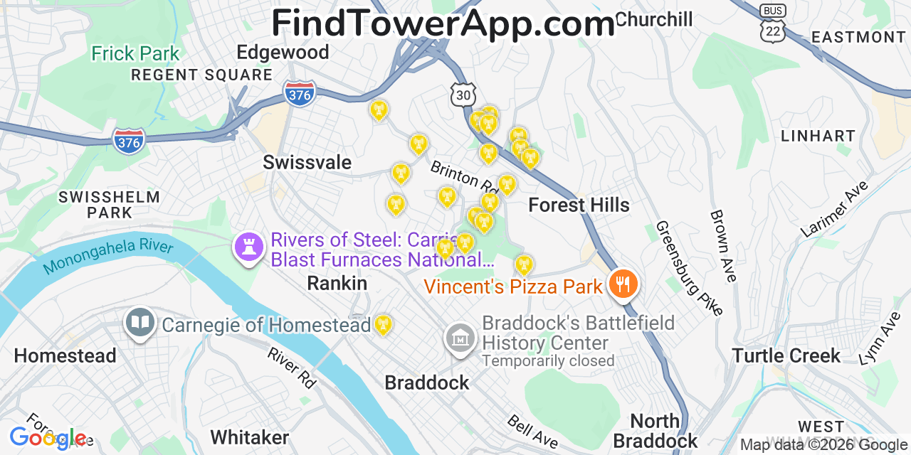 Map showing the 20 primary cell tower locations detected in Braddock Hills, Pennsylvania from AT&T, Verizon, and T-Mobile networks